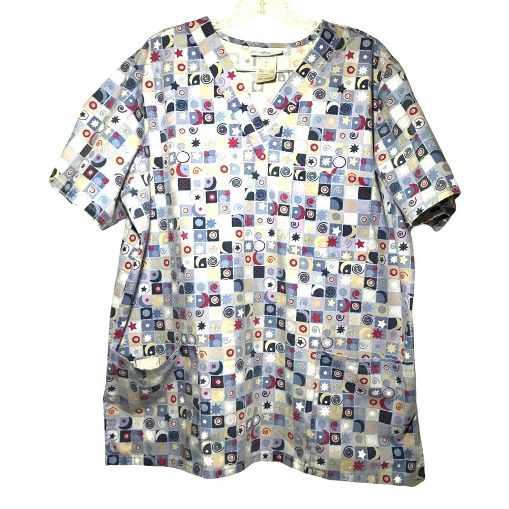 SB Brand Astronomical Print Womens Scrub Top Size L Blue Sun Moon Star